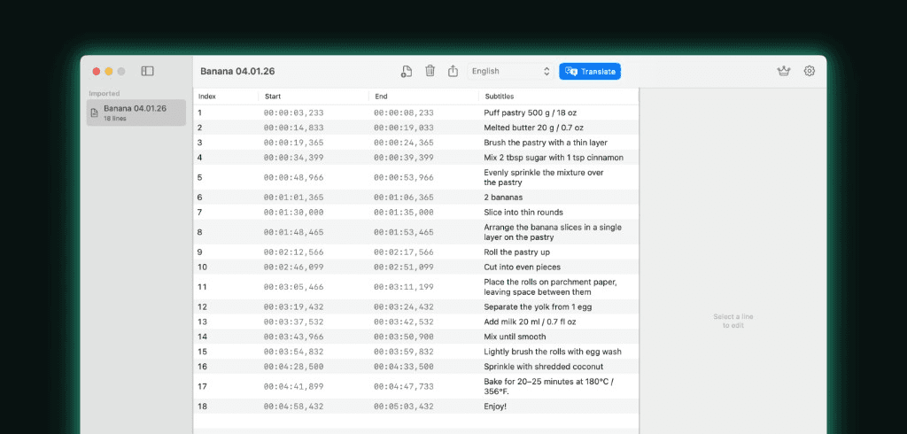 Subtitle Translator on macOS: an SRT file open in the editor with timecodes and subtitle lines ready to translate